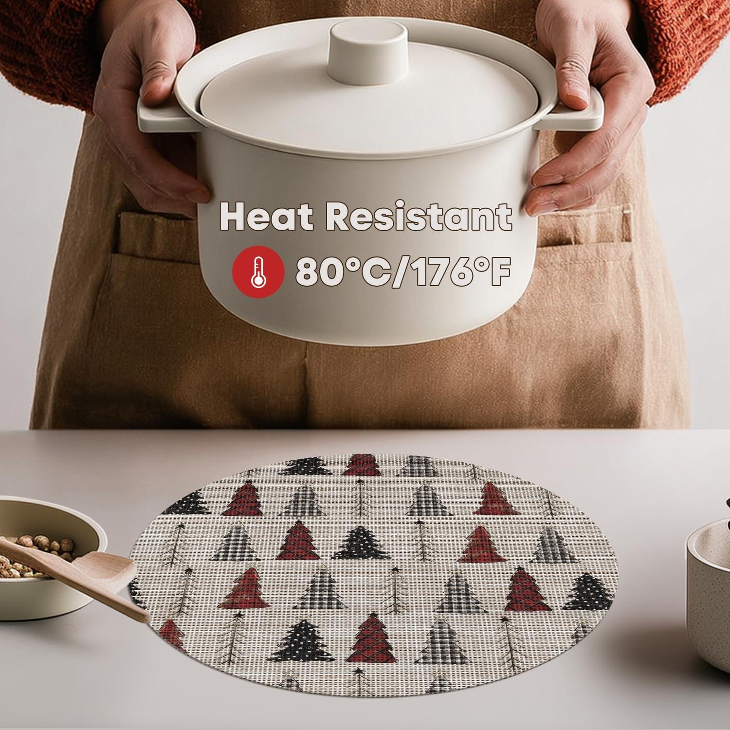 imageArtoid Mode Xmas Tree Christmas Vinyl Placemats Set of 4 12x18 Inch Wipeable Winter PVC Woven Table Mats for Party Kitchen Dining DecorBeigeRed