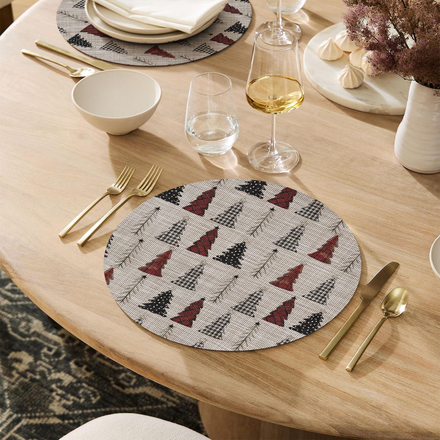 imageArtoid Mode Xmas Tree Christmas Vinyl Placemats Set of 4 12x18 Inch Wipeable Winter PVC Woven Table Mats for Party Kitchen Dining DecorBeigeRed