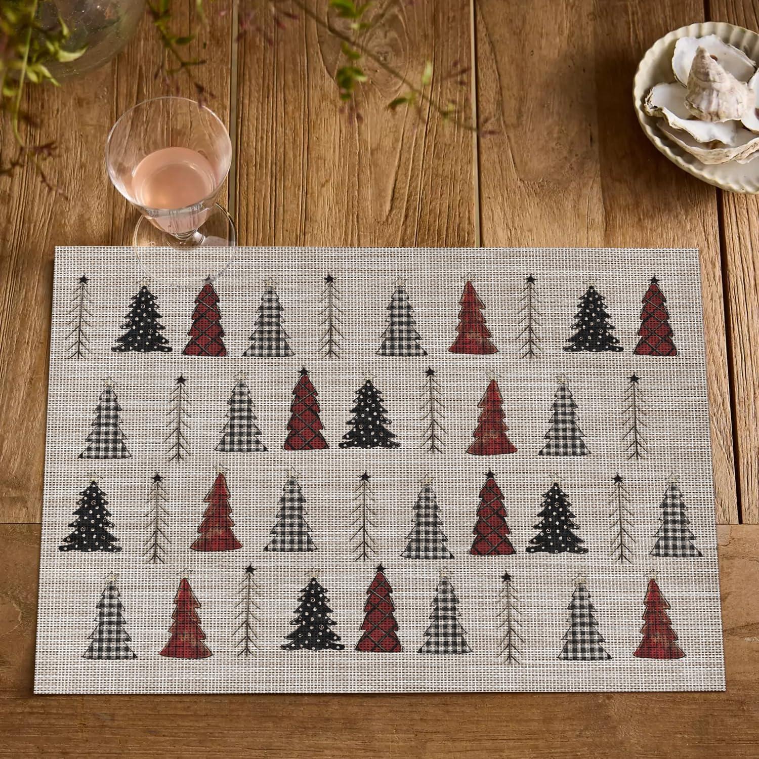 imageArtoid Mode Xmas Tree Christmas Vinyl Placemats Set of 4 12x18 Inch Wipeable Winter PVC Woven Table Mats for Party Kitchen Dining DecorBeigeRed