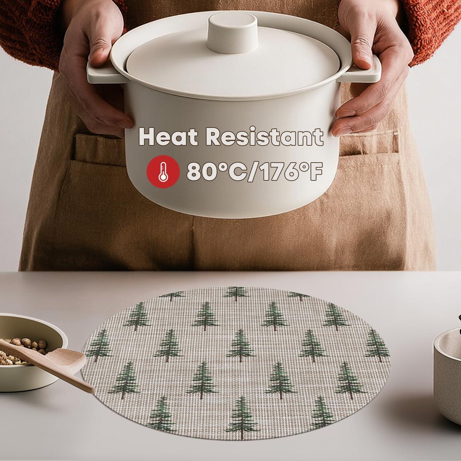 imageArtoid Mode Xmas Tree Christmas Vinyl Placemats Set of 4 12x18 Inch Wipeable Winter PVC Woven Table Mats for Party Kitchen Dining DecorGreen