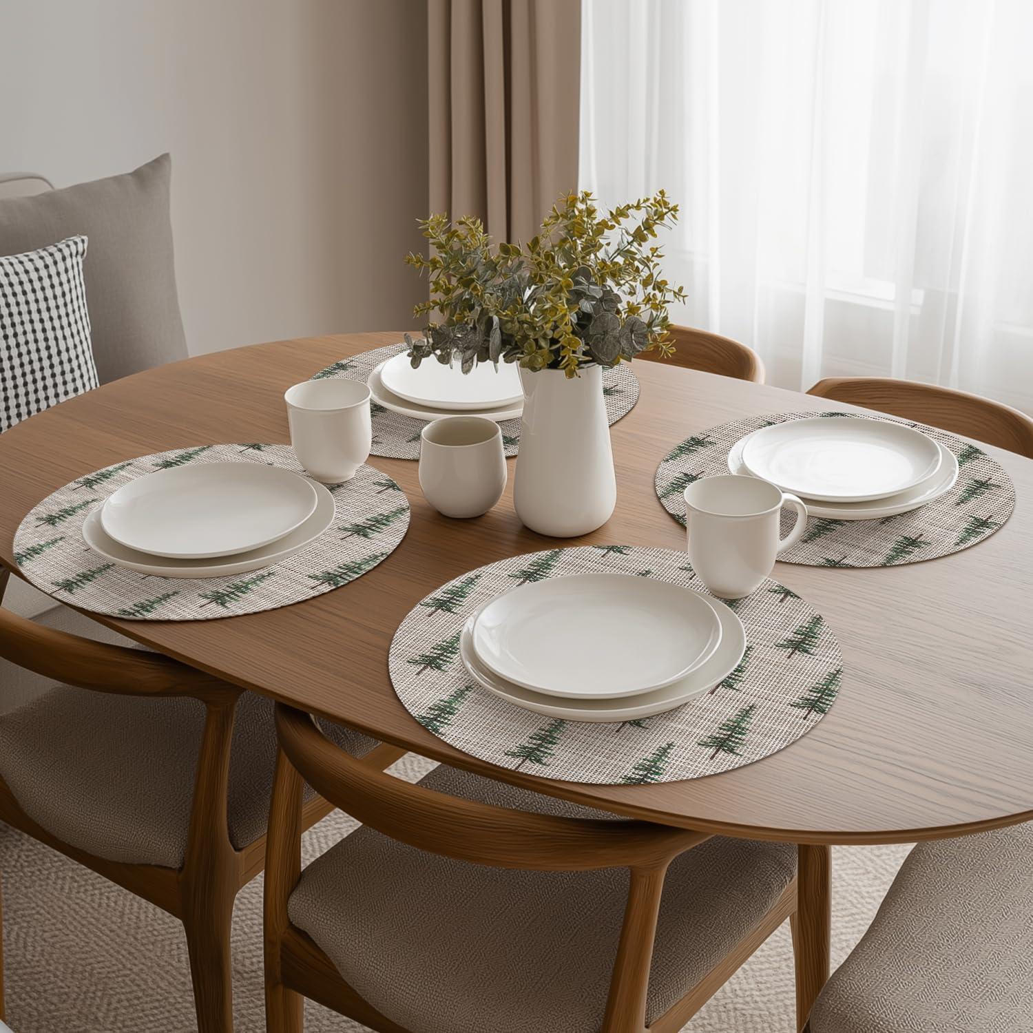 imageArtoid Mode Xmas Tree Christmas Vinyl Placemats Set of 4 12x18 Inch Wipeable Winter PVC Woven Table Mats for Party Kitchen Dining DecorGreen