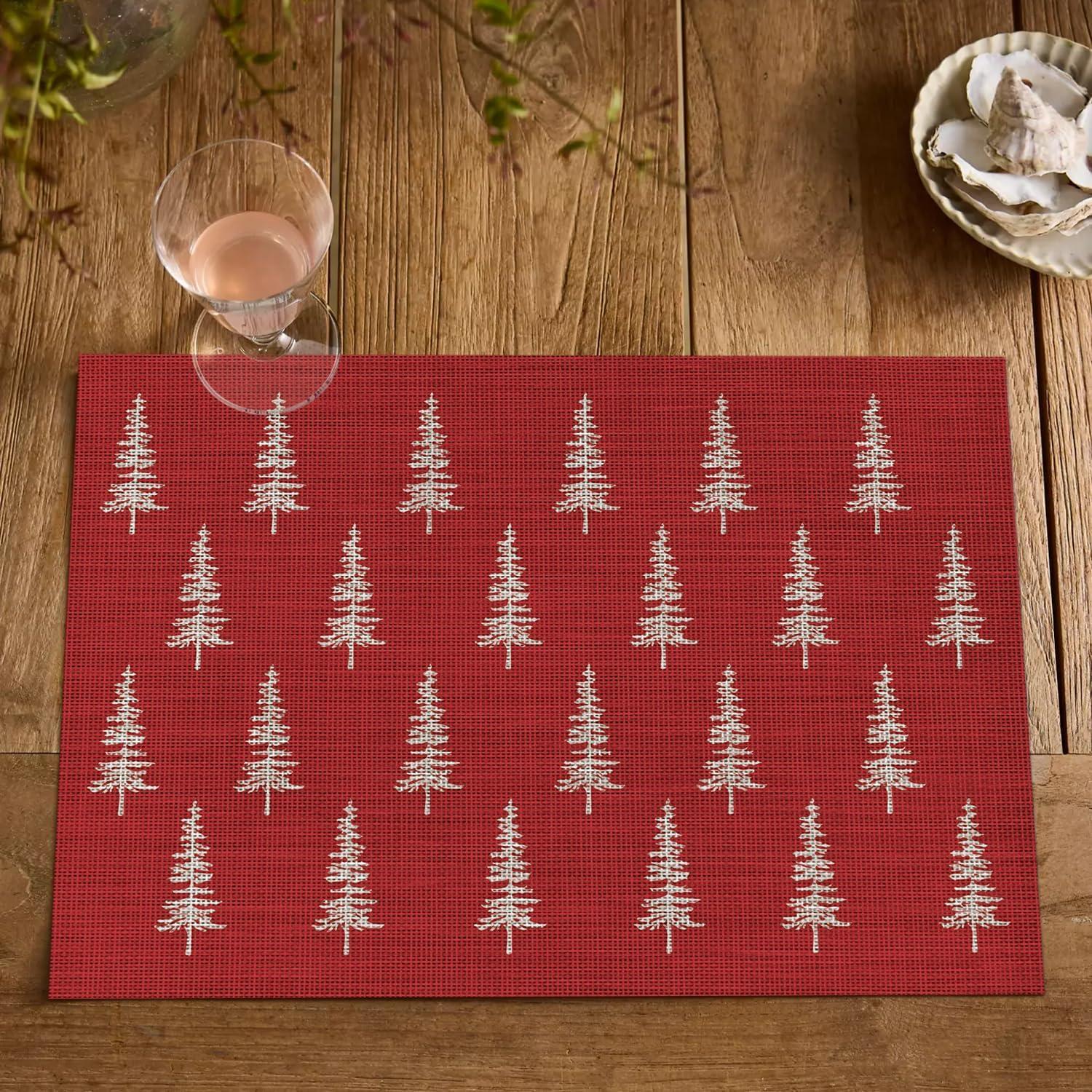 imageArtoid Mode Xmas Tree Christmas Vinyl Placemats Set of 4 12x18 Inch Wipeable Winter PVC Woven Table Mats for Party Kitchen Dining DecorRed