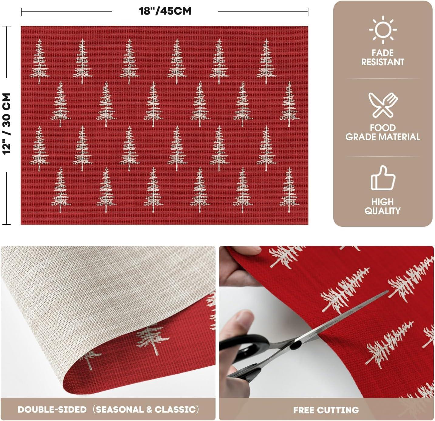 imageArtoid Mode Xmas Tree Christmas Vinyl Placemats Set of 4 12x18 Inch Wipeable Winter PVC Woven Table Mats for Party Kitchen Dining DecorRed