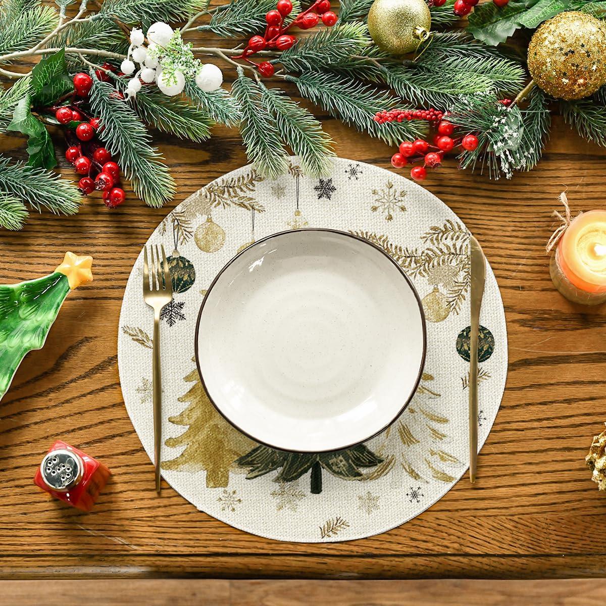 imageArtoid Mode Xmas Trees Ornament Snowflake Merry Christmas Round Placemats Set of 4 14 Inch Winter Round Table Mats for Dining DecorationBeige