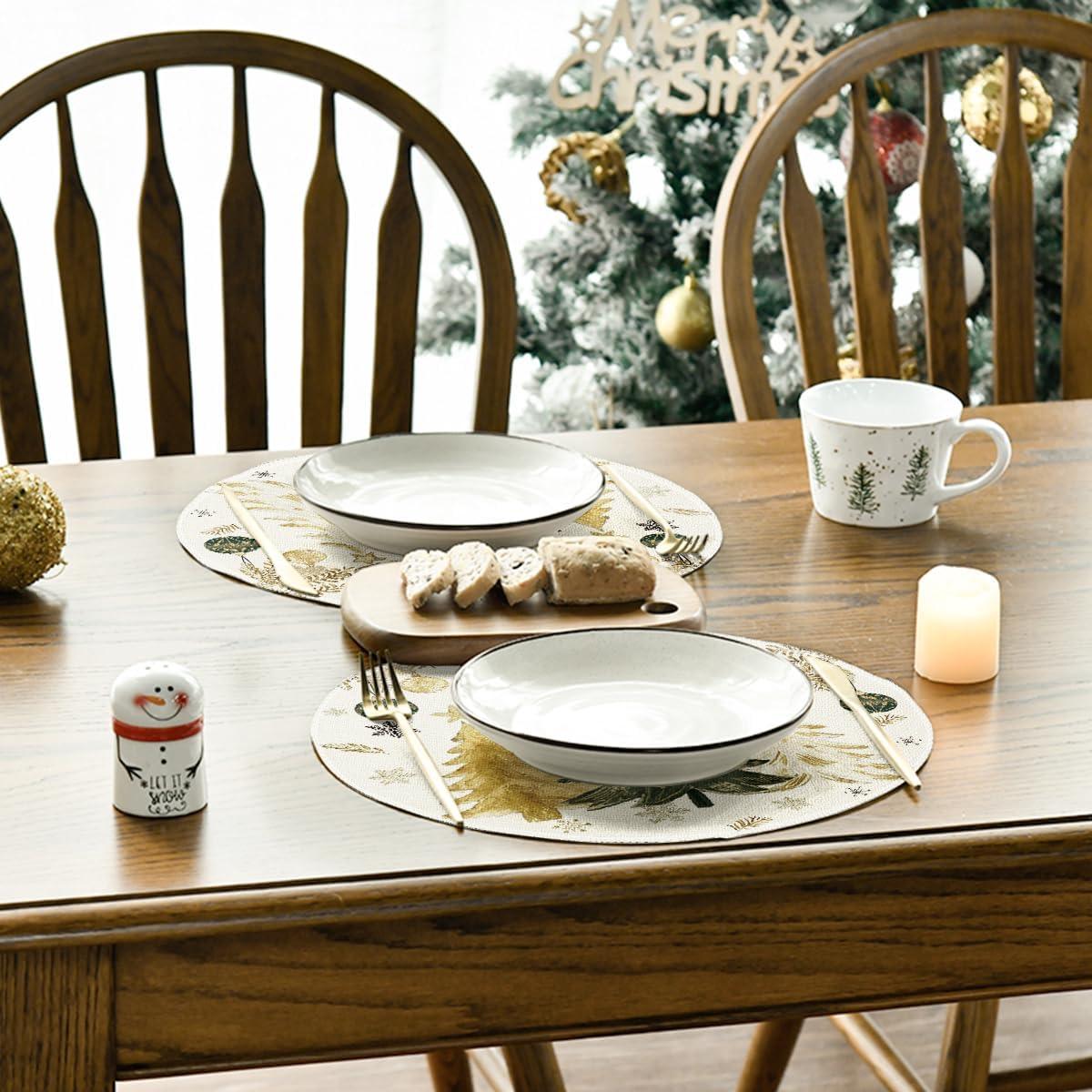 imageArtoid Mode Xmas Trees Ornament Snowflake Merry Christmas Round Placemats Set of 4 14 Inch Winter Round Table Mats for Dining DecorationBeige