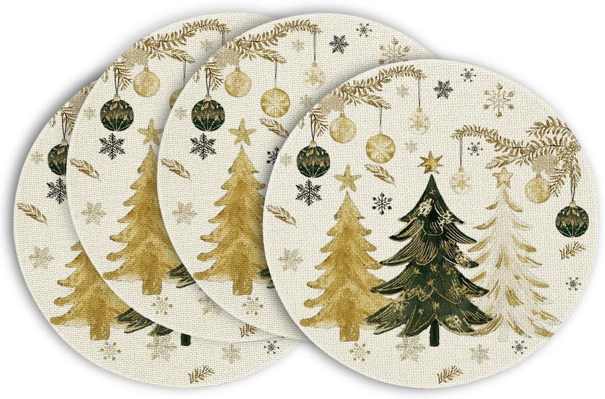 imageArtoid Mode Xmas Trees Ornament Snowflake Merry Christmas Round Placemats Set of 4 14 Inch Winter Round Table Mats for Dining DecorationBeige