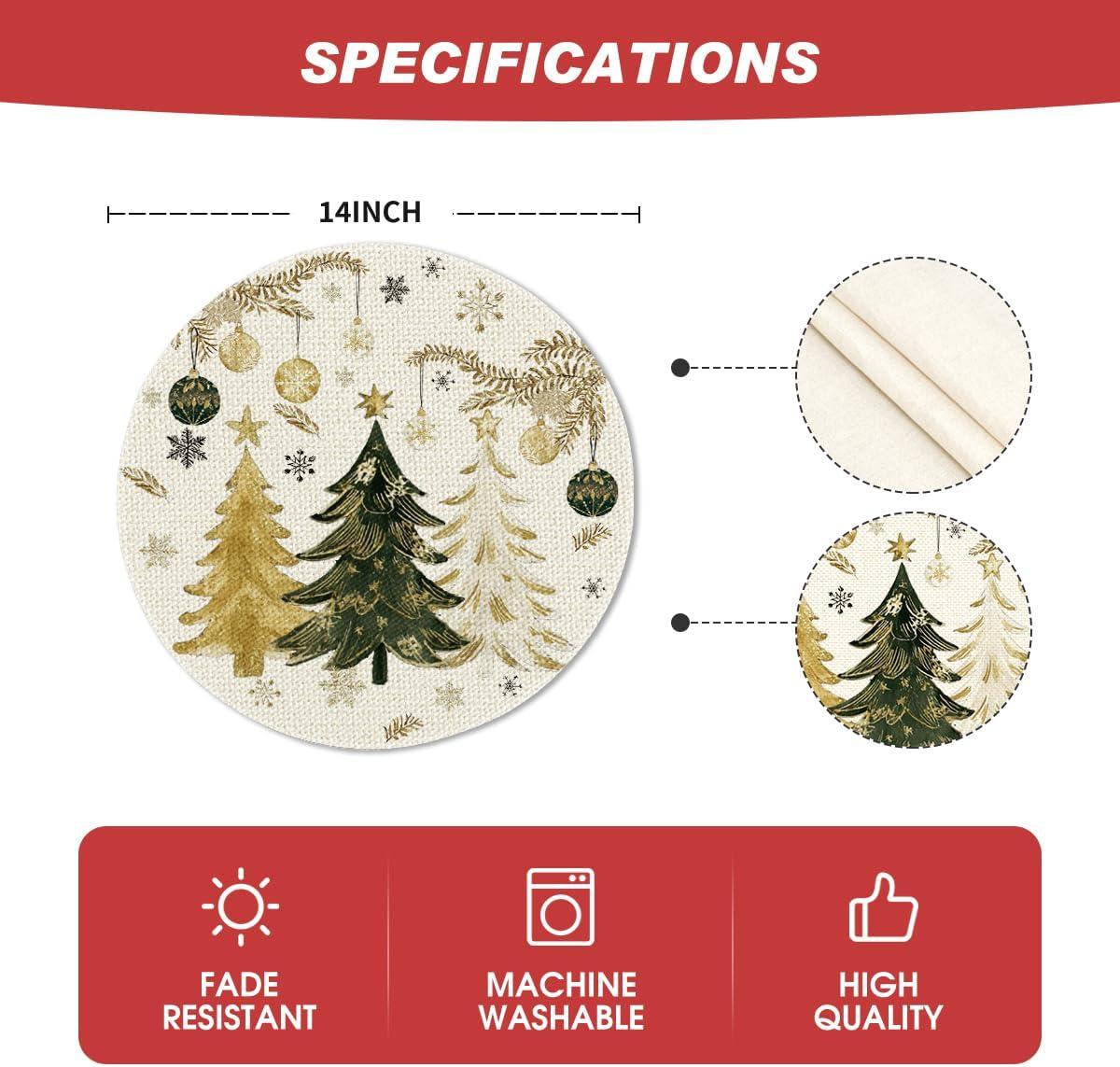 imageArtoid Mode Xmas Trees Ornament Snowflake Merry Christmas Round Placemats Set of 4 14 Inch Winter Round Table Mats for Dining DecorationBeige