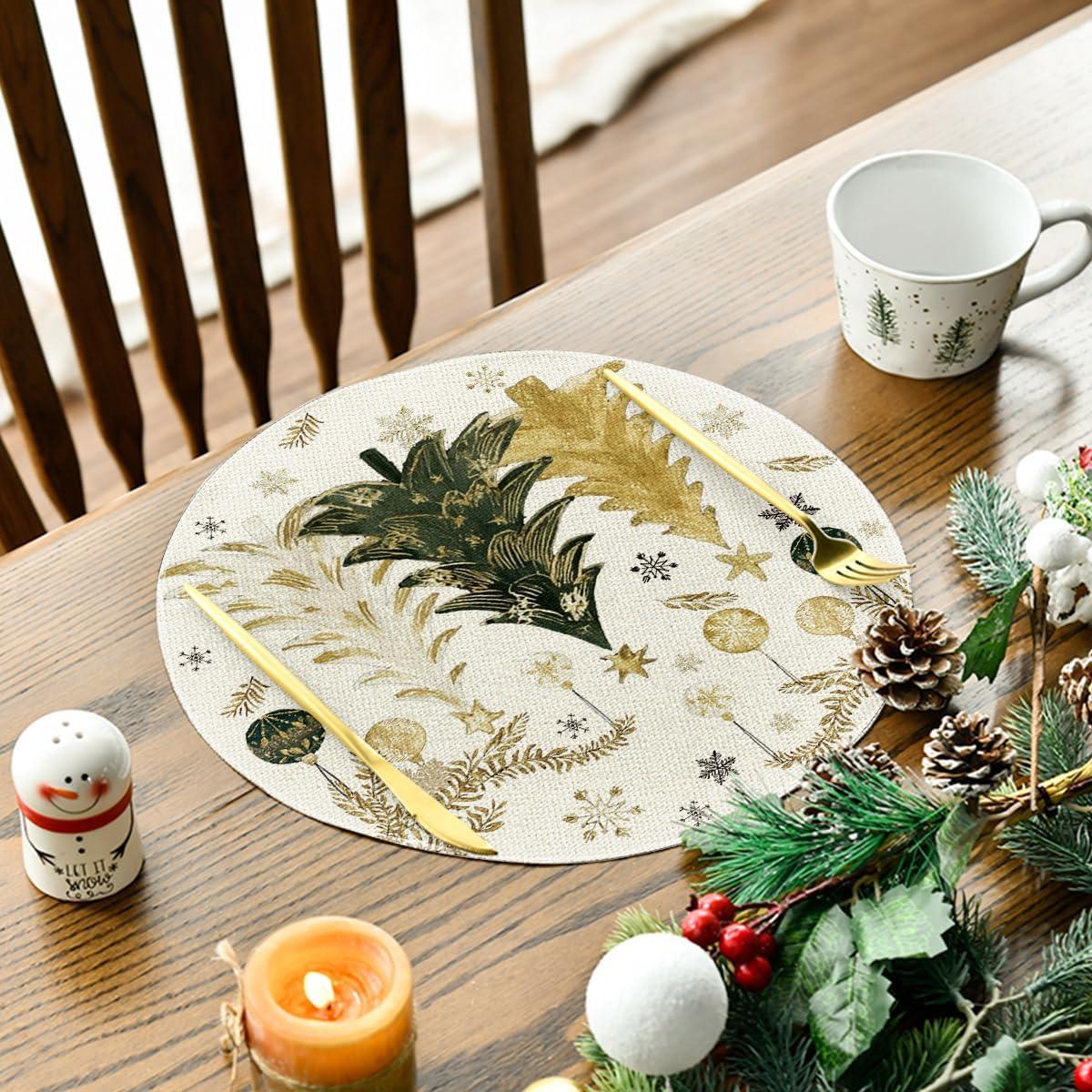 imageArtoid Mode Xmas Trees Ornament Snowflake Merry Christmas Round Placemats Set of 4 14 Inch Winter Round Table Mats for Dining DecorationBeige