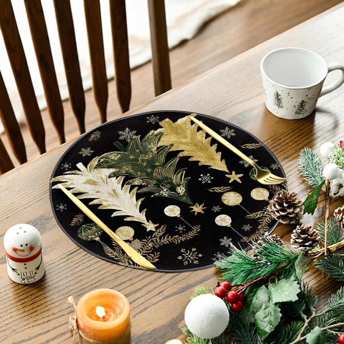 imageArtoid Mode Xmas Trees Ornament Snowflake Merry Christmas Round Placemats Set of 4 14 Inch Winter Round Table Mats for Dining DecorationBlack