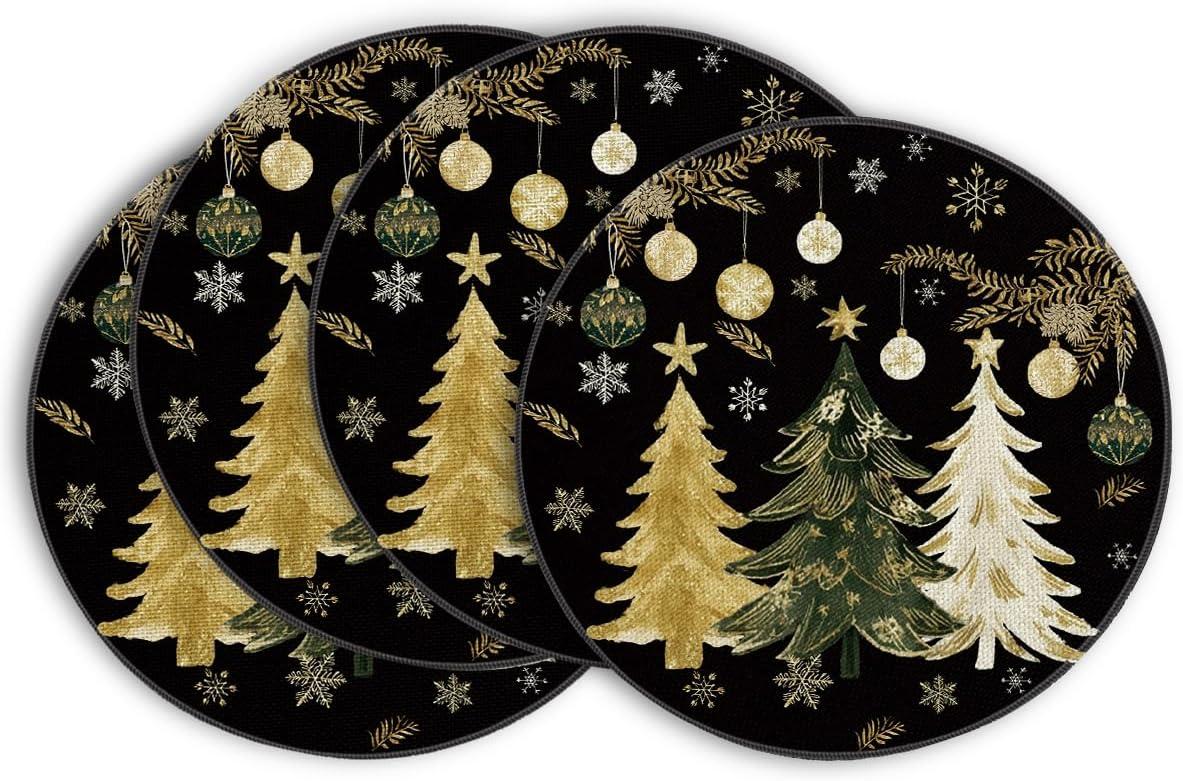 imageArtoid Mode Xmas Trees Ornament Snowflake Merry Christmas Round Placemats Set of 4 14 Inch Winter Round Table Mats for Dining DecorationBlack
