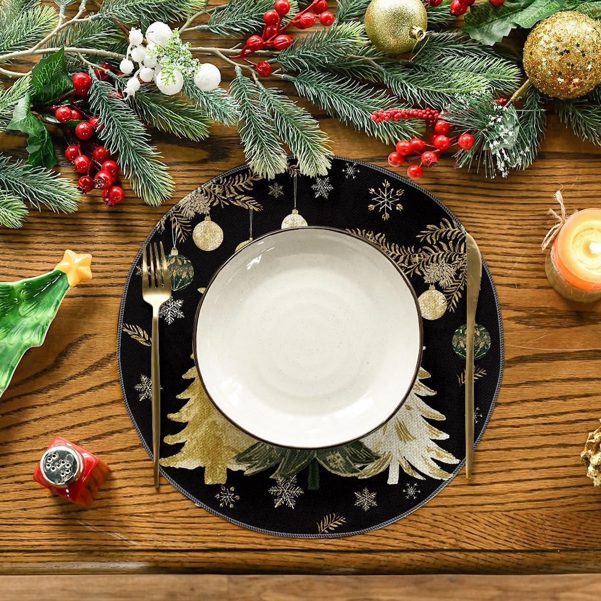 imageArtoid Mode Xmas Trees Ornament Snowflake Merry Christmas Round Placemats Set of 4 14 Inch Winter Round Table Mats for Dining DecorationBlack