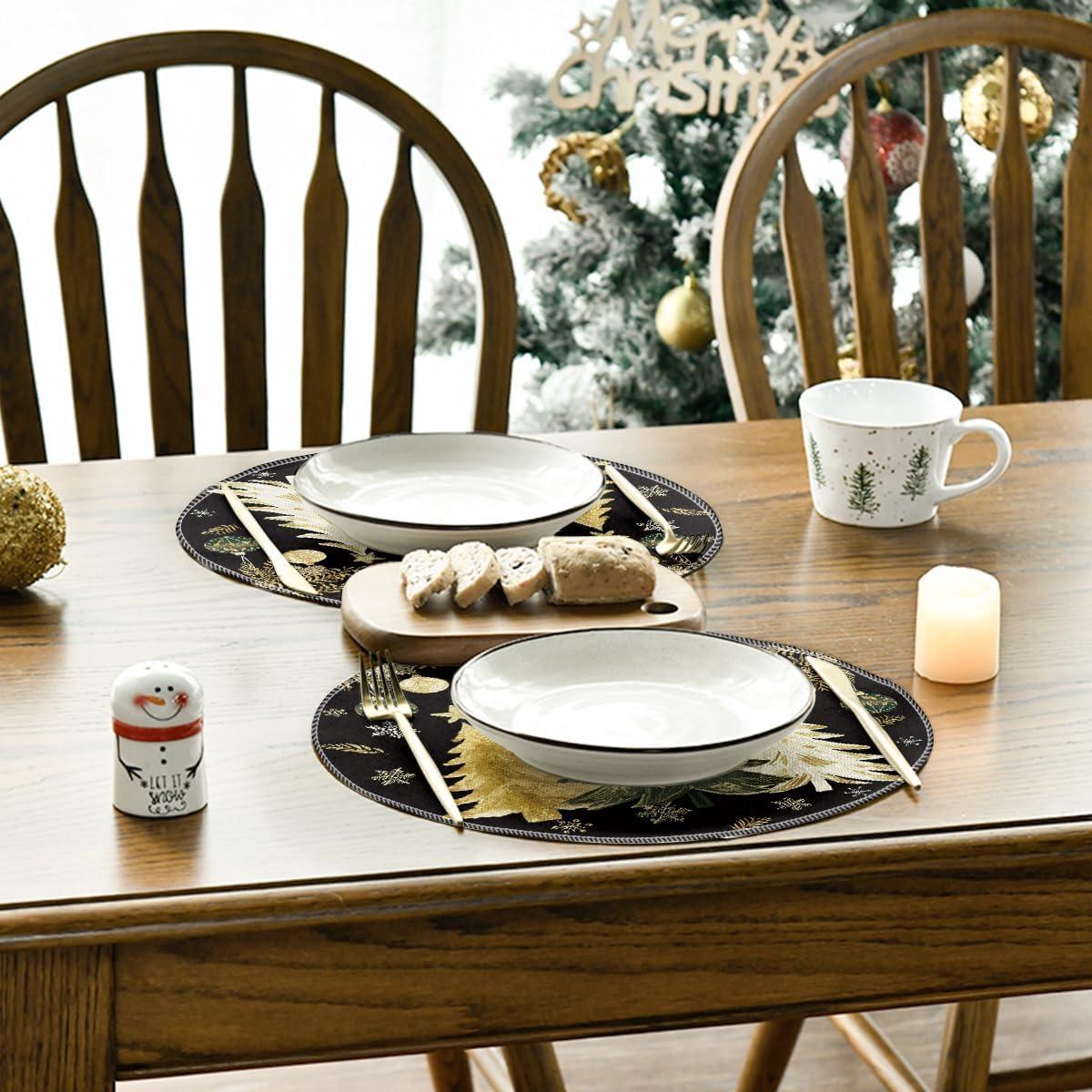 imageArtoid Mode Xmas Trees Ornament Snowflake Merry Christmas Round Placemats Set of 4 14 Inch Winter Round Table Mats for Dining DecorationBlack