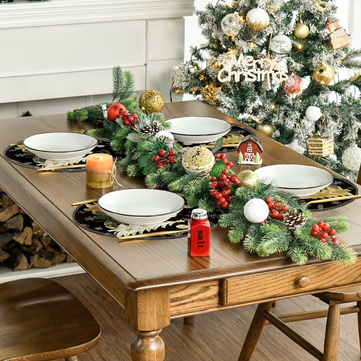 imageArtoid Mode Xmas Trees Ornament Snowflake Merry Christmas Round Placemats Set of 4 14 Inch Winter Round Table Mats for Dining DecorationBlack