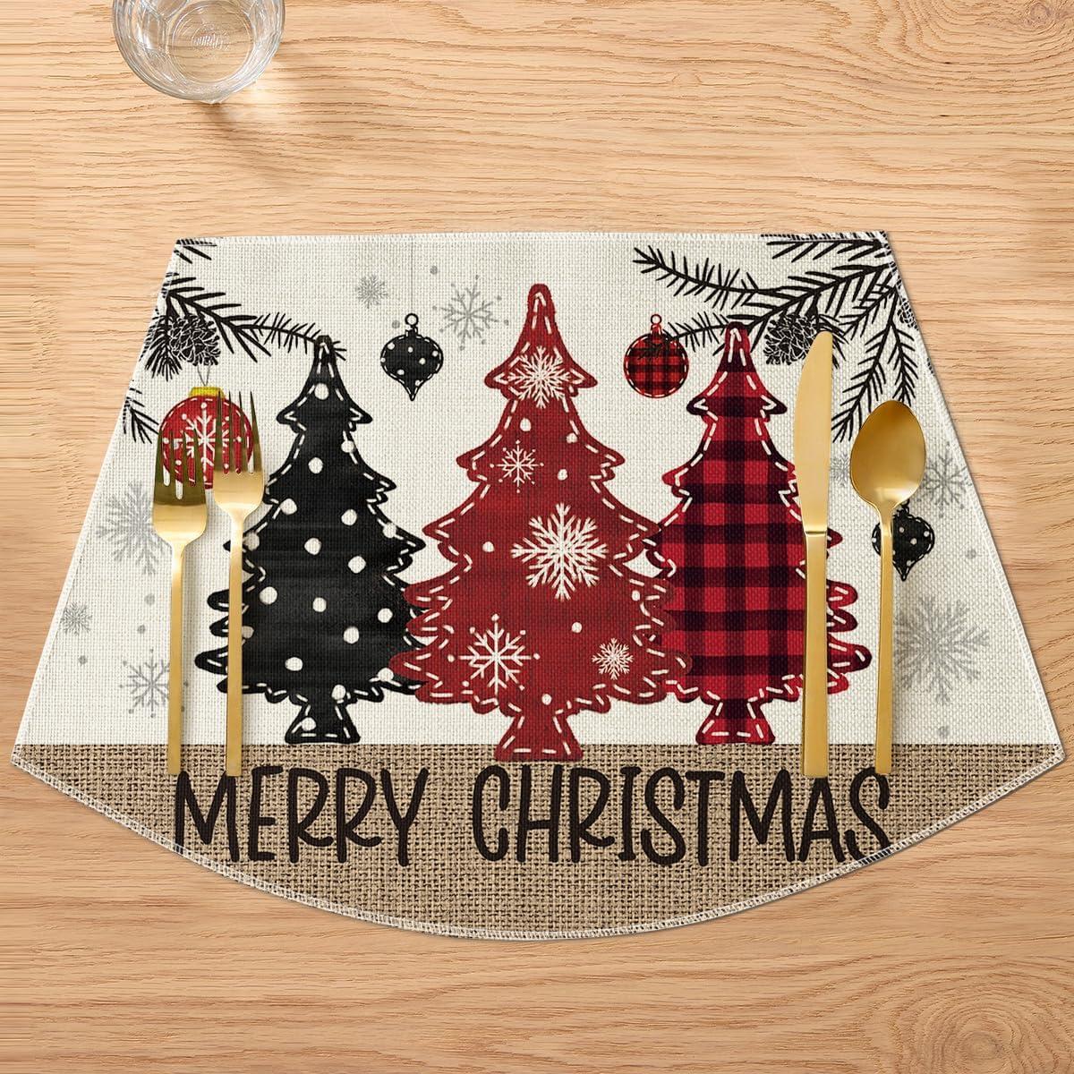 imageArtoid Mode Xmas Trees Ornament Snowflake Merry Christmas Round Placemats Set of 4 14 Inch Winter Round Table Mats for Dining DecorationRedBeige