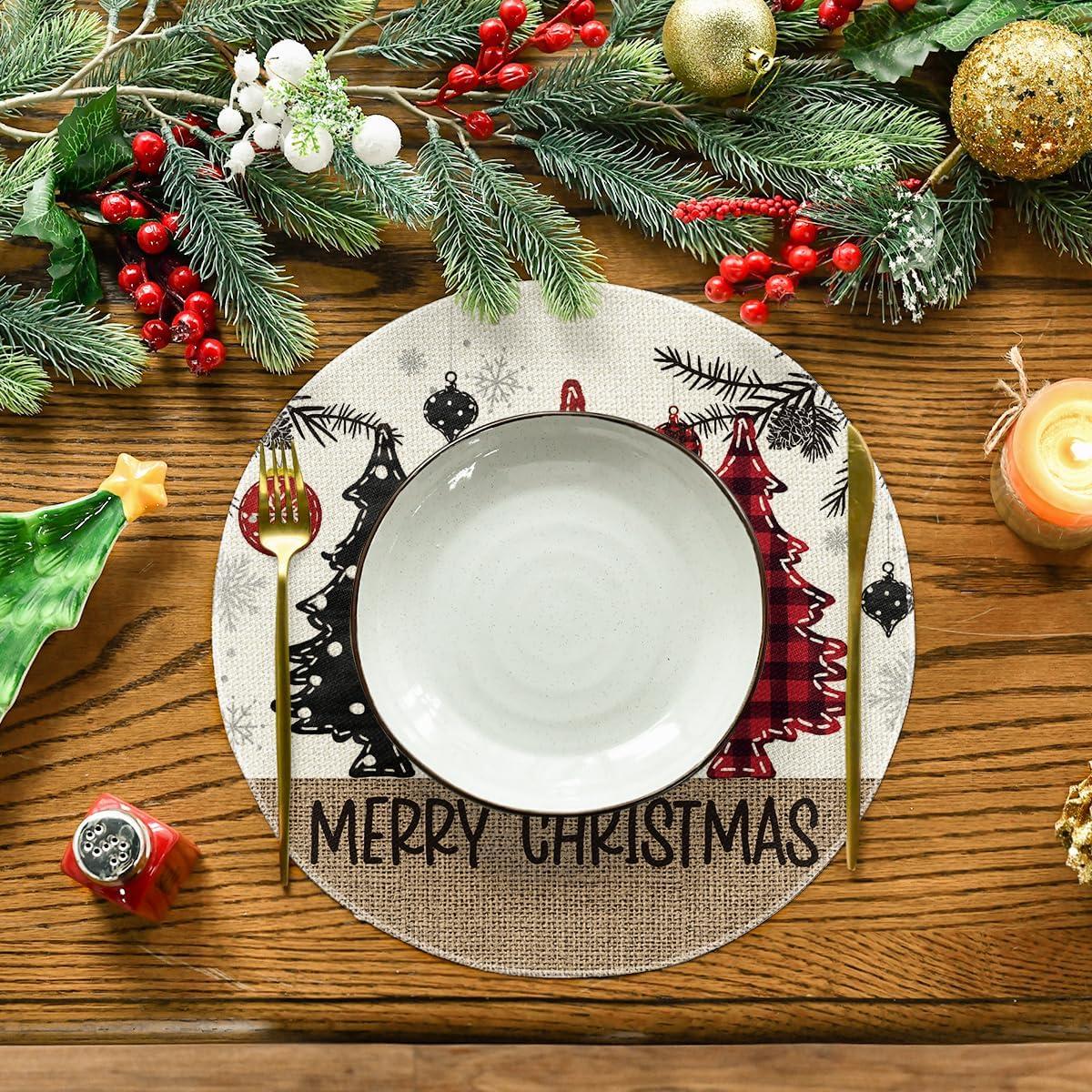 imageArtoid Mode Xmas Trees Ornament Snowflake Merry Christmas Round Placemats Set of 4 14 Inch Winter Round Table Mats for Dining DecorationRedBeige
