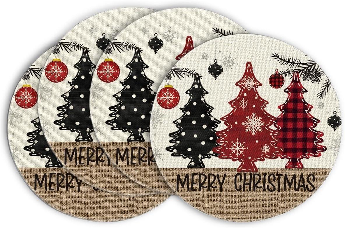 imageArtoid Mode Xmas Trees Ornament Snowflake Merry Christmas Round Placemats Set of 4 14 Inch Winter Round Table Mats for Dining DecorationRedBeige