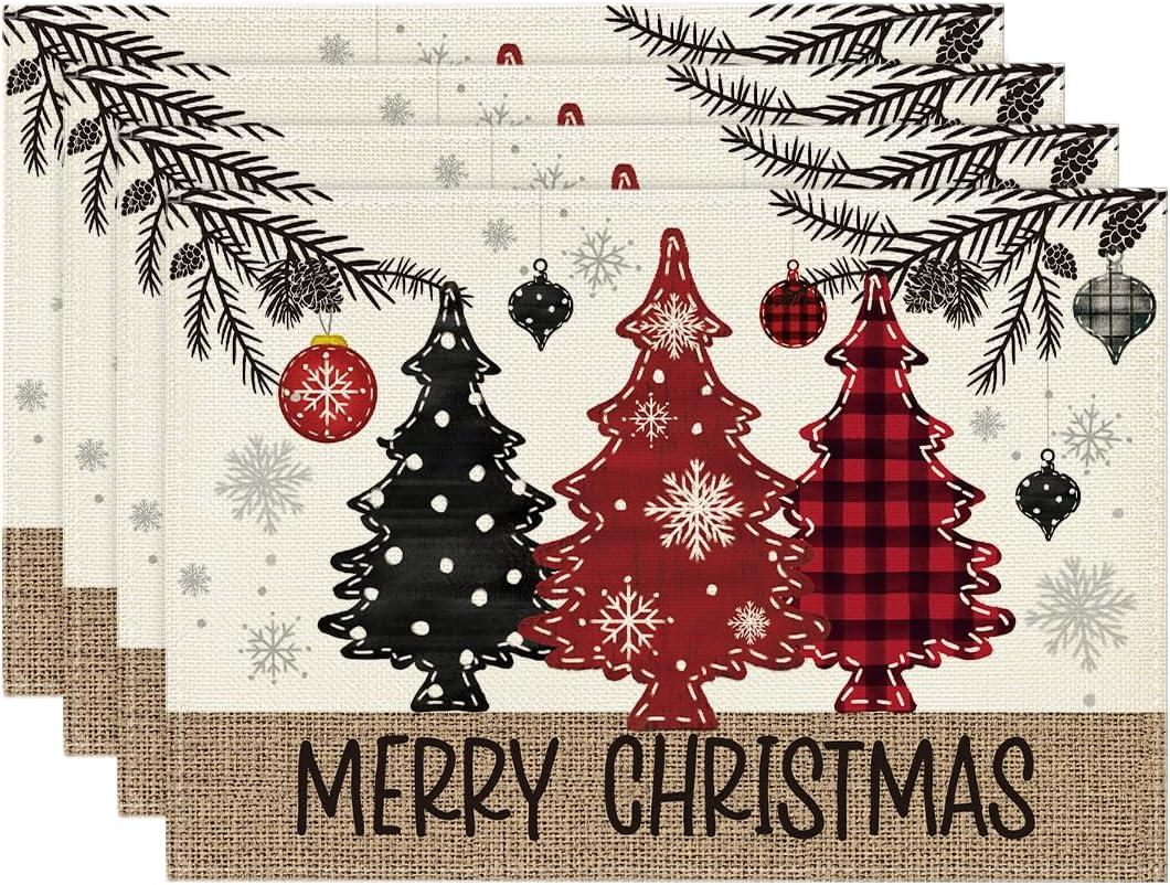 imageArtoid Mode Xmas Trees Ornament Snowflake Merry Christmas Round Placemats Set of 4 14 Inch Winter Round Table Mats for Dining DecorationRedBeige