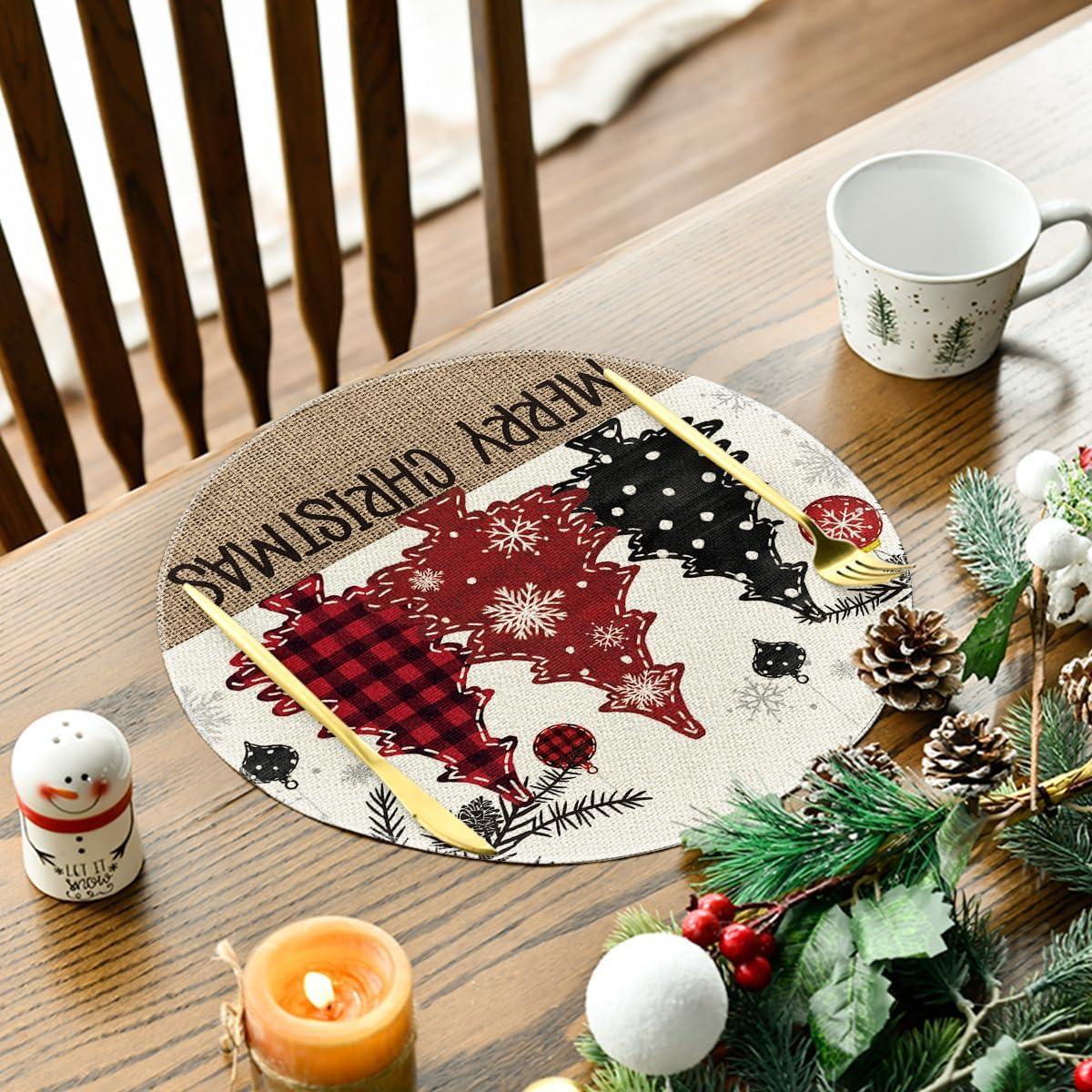imageArtoid Mode Xmas Trees Ornament Snowflake Merry Christmas Round Placemats Set of 4 14 Inch Winter Round Table Mats for Dining DecorationRedBeige