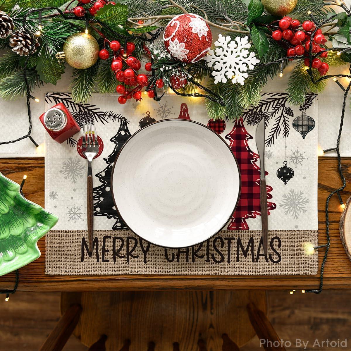 imageArtoid Mode Xmas Trees Ornament Snowflake Merry Christmas Round Placemats Set of 4 14 Inch Winter Round Table Mats for Dining DecorationRedBeige