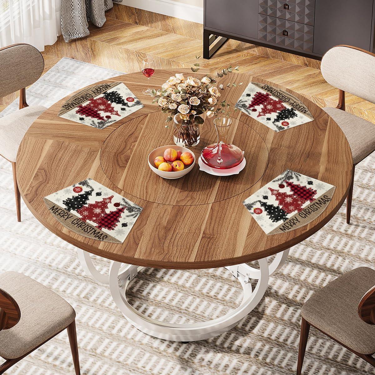 imageArtoid Mode Xmas Trees Ornament Snowflake Merry Christmas Round Placemats Set of 4 14 Inch Winter Round Table Mats for Dining DecorationRedBeige