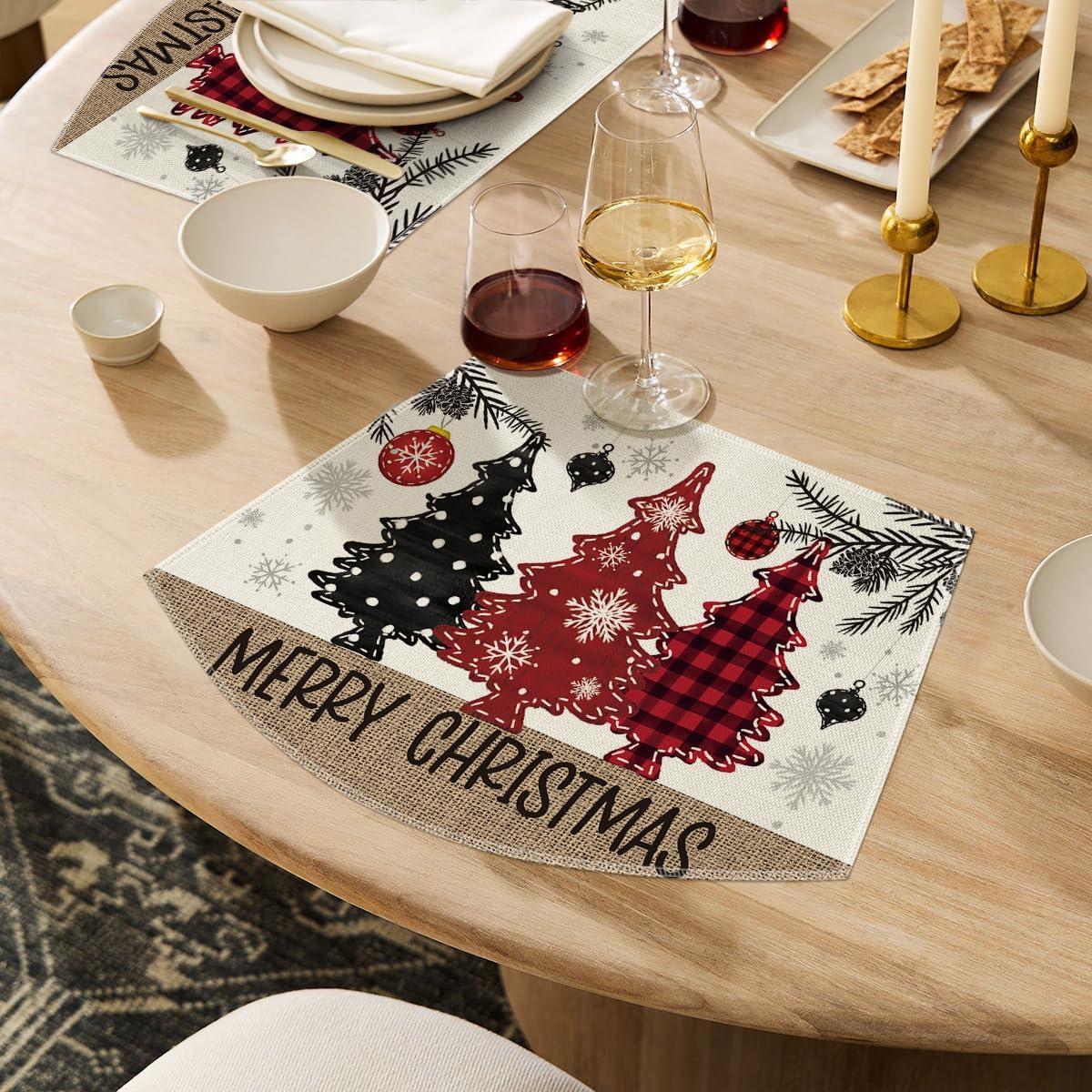 imageArtoid Mode Xmas Trees Ornament Snowflake Merry Christmas Round Placemats Set of 4 14 Inch Winter Round Table Mats for Dining DecorationRedBeige