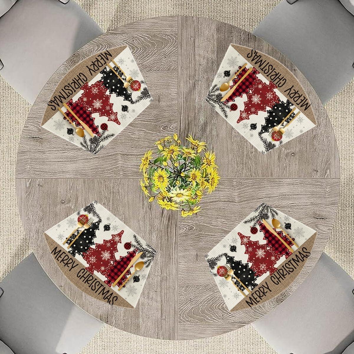 imageArtoid Mode Xmas Trees Ornament Snowflake Merry Christmas Round Placemats Set of 4 14 Inch Winter Round Table Mats for Dining DecorationRedBeige