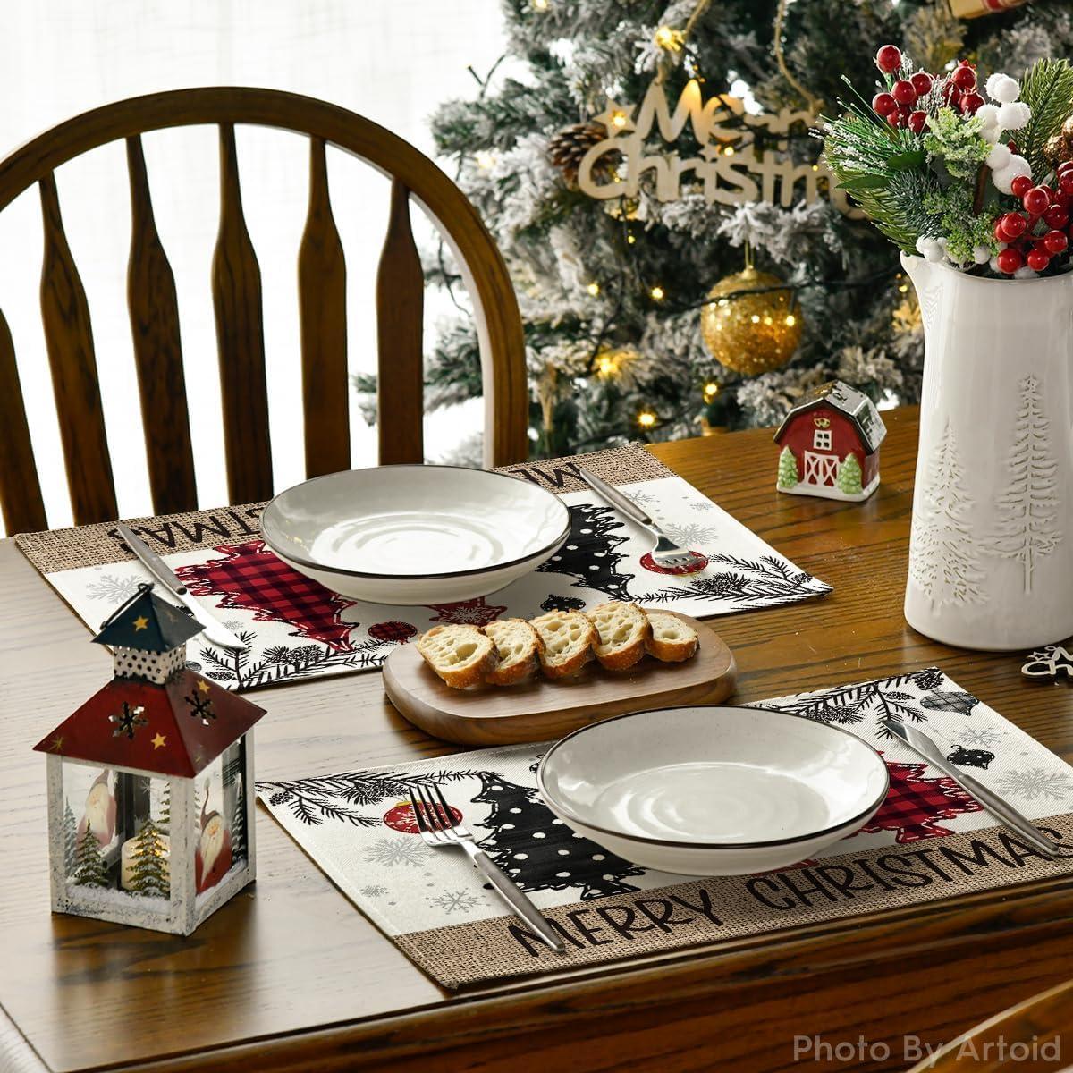 imageArtoid Mode Xmas Trees Ornament Snowflake Merry Christmas Round Placemats Set of 4 14 Inch Winter Round Table Mats for Dining DecorationRedBeige