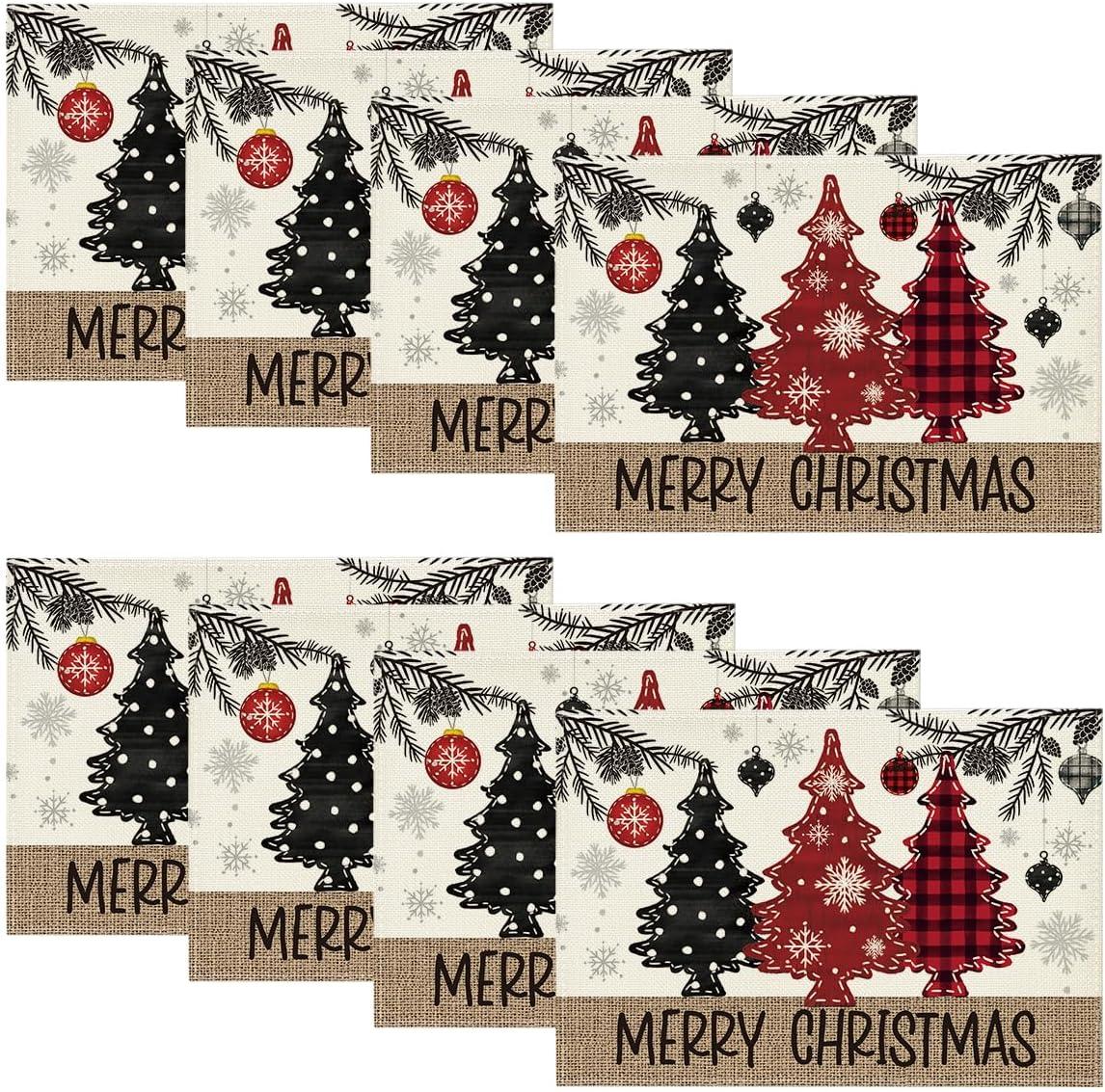 imageArtoid Mode Xmas Trees Ornament Snowflake Merry Christmas Round Placemats Set of 4 14 Inch Winter Round Table Mats for Dining DecorationRedBeige