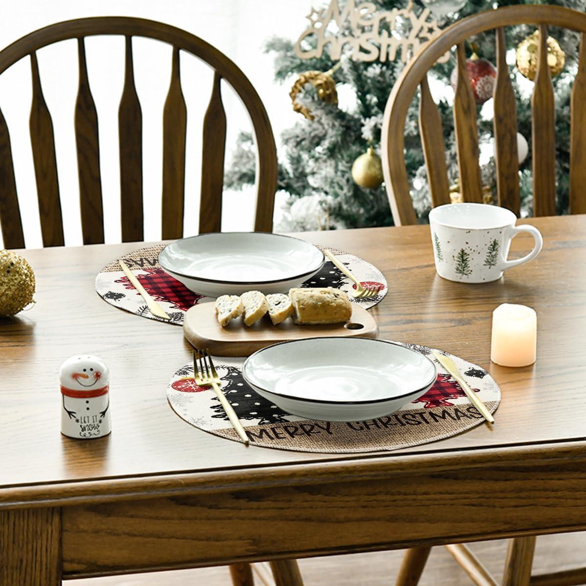 imageArtoid Mode Xmas Trees Ornament Snowflake Merry Christmas Round Placemats Set of 4 14 Inch Winter Round Table Mats for Dining DecorationRedBeige
