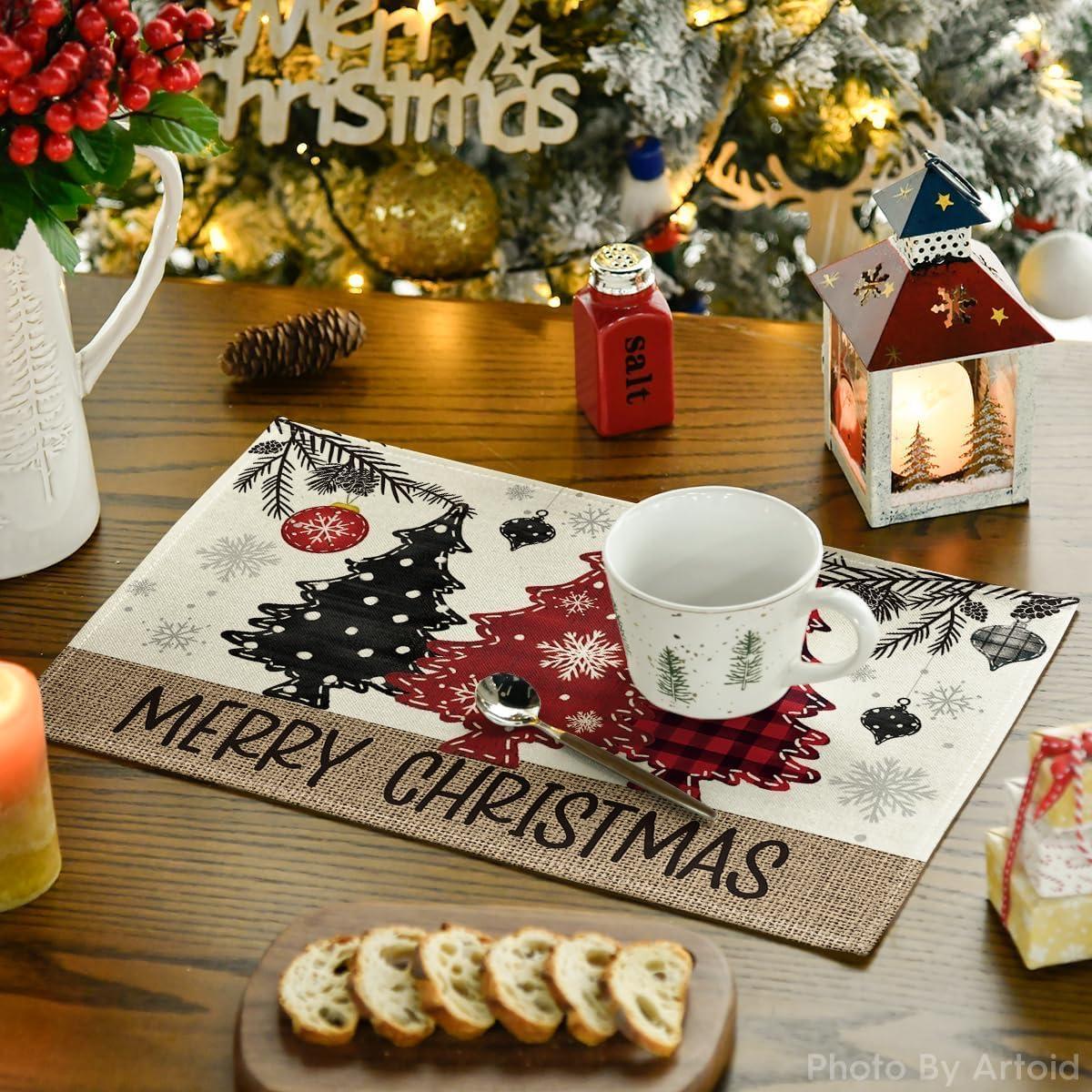 imageArtoid Mode Xmas Trees Ornament Snowflake Merry Christmas Round Placemats Set of 4 14 Inch Winter Round Table Mats for Dining DecorationRedBeige