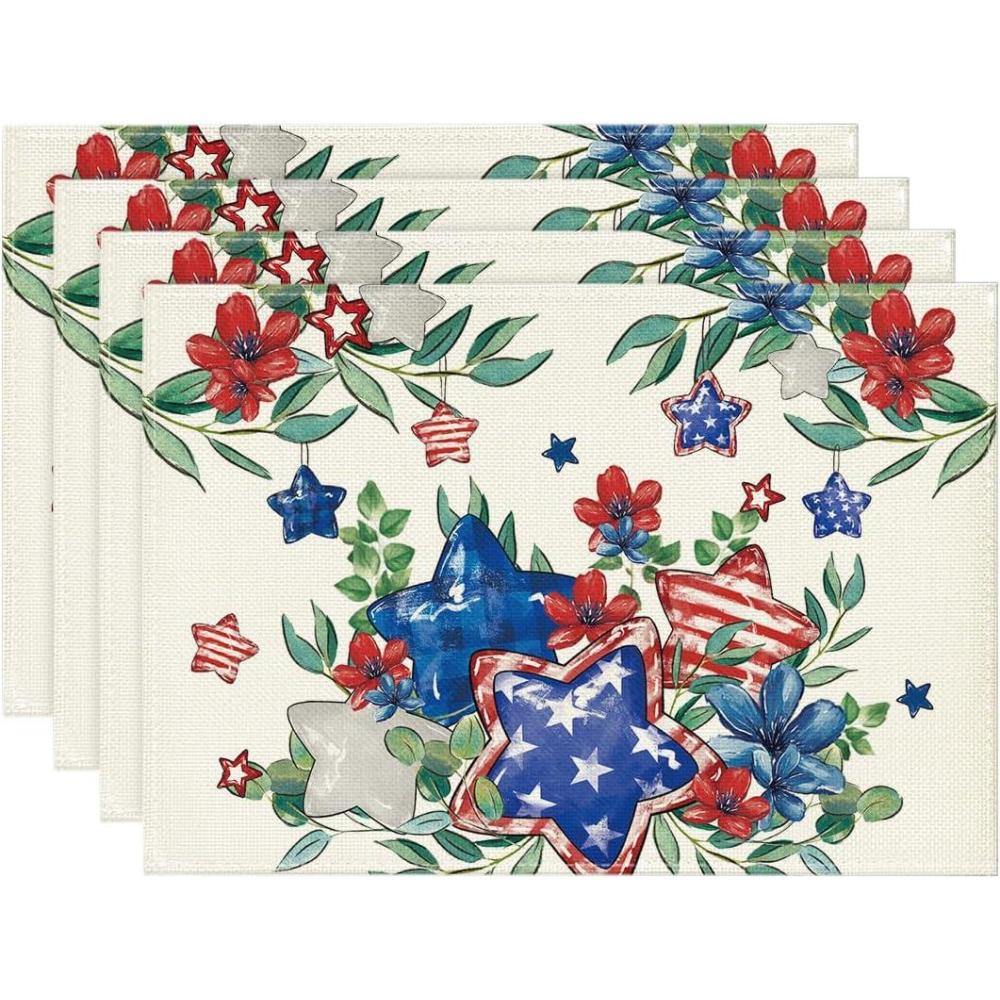 imageArtoid Mode American Flag Patriotic Stars Flower 4th of July Round Placemats Set of 414 Inch Memorial Day Table Mats for Party Kitchen Dining DecorationBeige