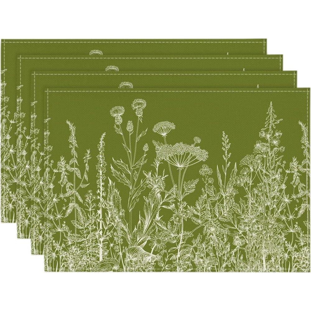 imageArtoid Mode Antique Herbs Wild Flowers Spring Placemats Set of 4 14 Inch Summer Round Table Mats for Dining DecorationGreen