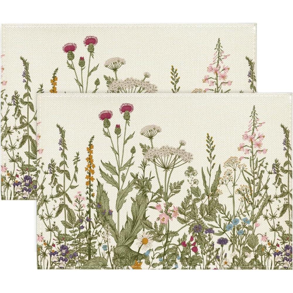 imageArtoid Mode Antique Herbs Wild Flowers Spring Placemats Set of 4 14 Inch Summer Round Table Mats for Dining DecorationOff White