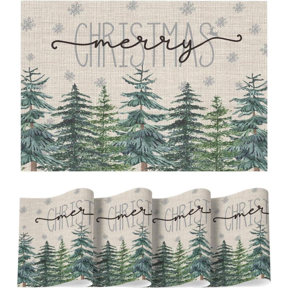 imageArtoid Mode Beige Pine Tree Snowflake Christmas Vinyl Placemats Set of 4 12x18 Inch Wipeable PVC Woven Table Mats for Party Kitchen Dining DecorBeige