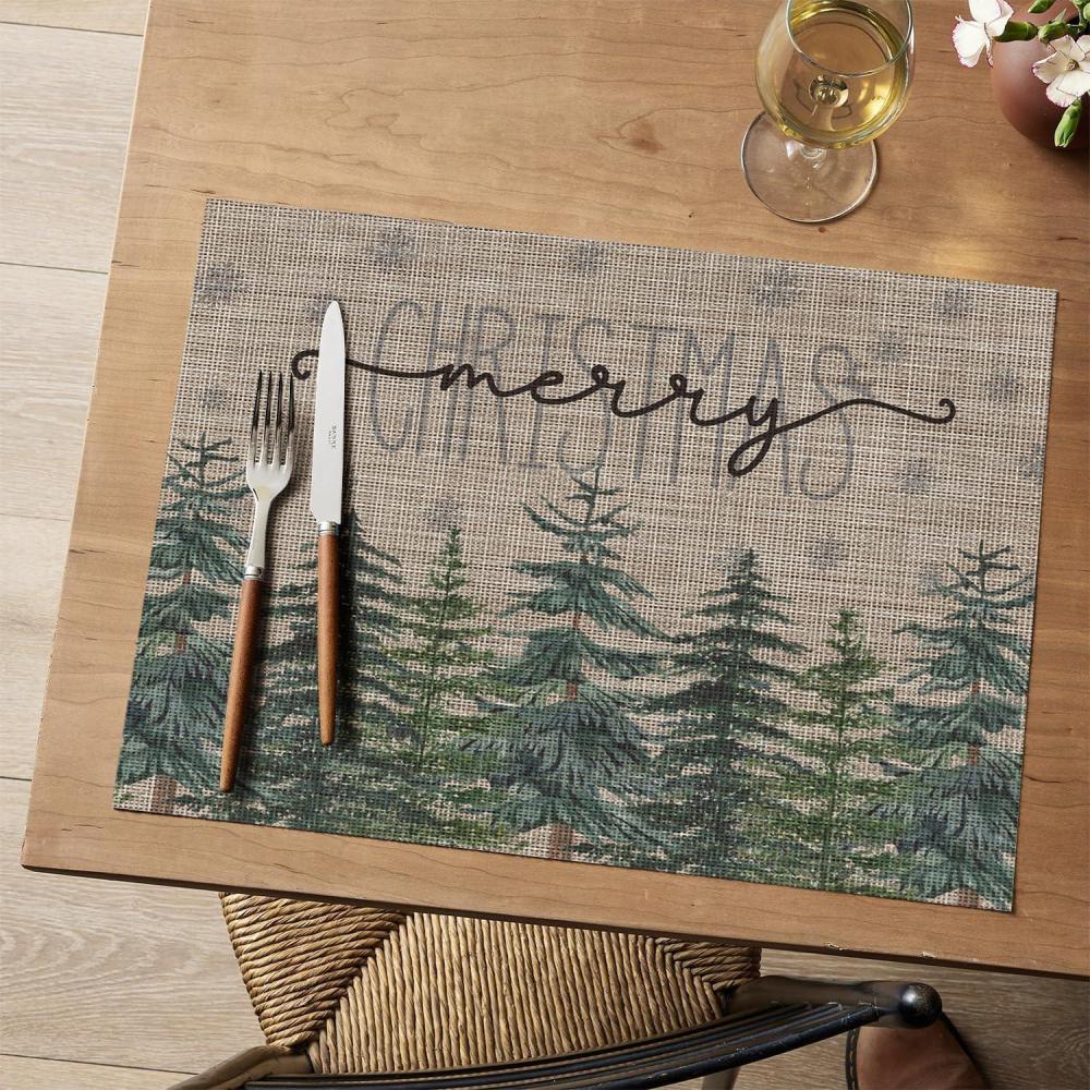 imageArtoid Mode Beige Pine Tree Snowflake Christmas Vinyl Placemats Set of 4 12x18 Inch Wipeable PVC Woven Table Mats for Party Kitchen Dining DecorBrown