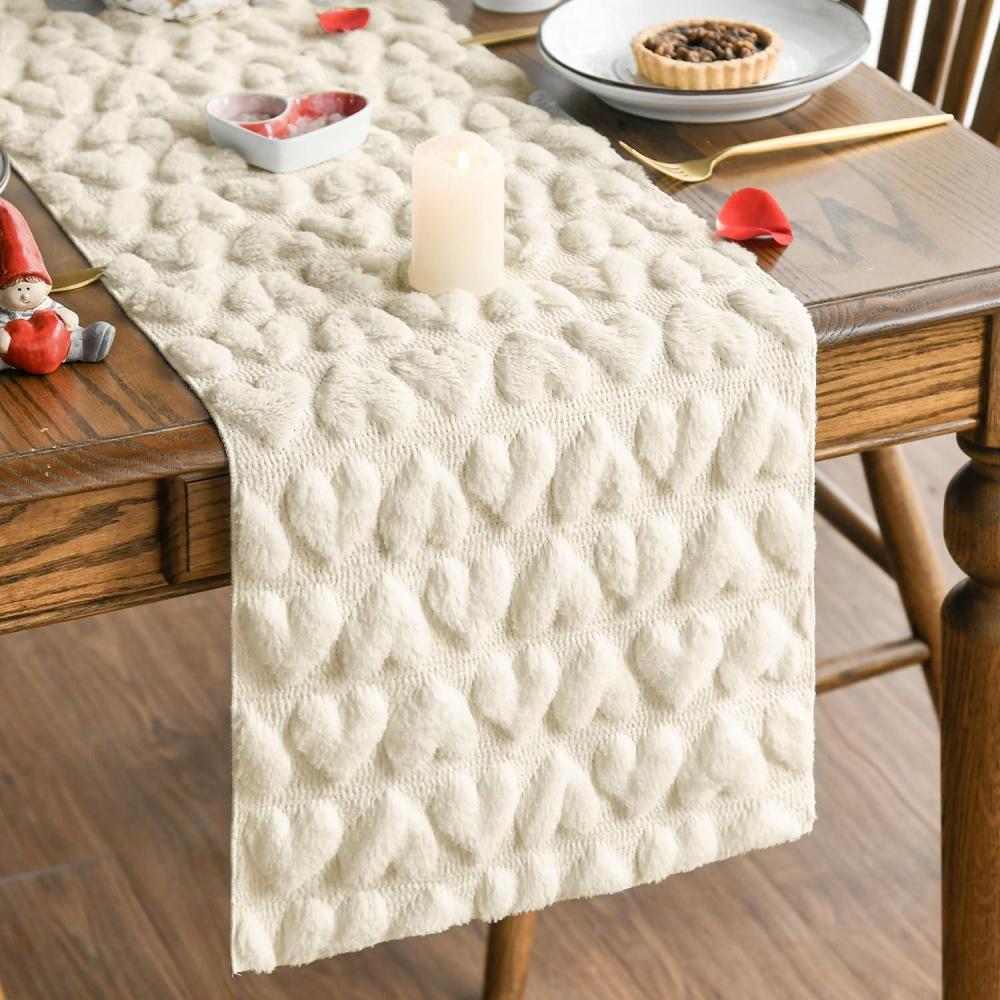 imageArtoid Mode Beige Soft Plush Faux Fur Jacquard Heart Valentines Day Table Runner Seasonal Kitchen Dining Table Decoration for Home Party Decor 13x72 InchBeige