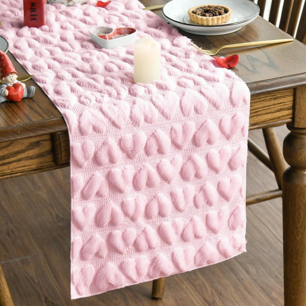 imageArtoid Mode Beige Soft Plush Faux Fur Jacquard Heart Valentines Day Table Runner Seasonal Kitchen Dining Table Decoration for Home Party Decor 13x72 InchPink