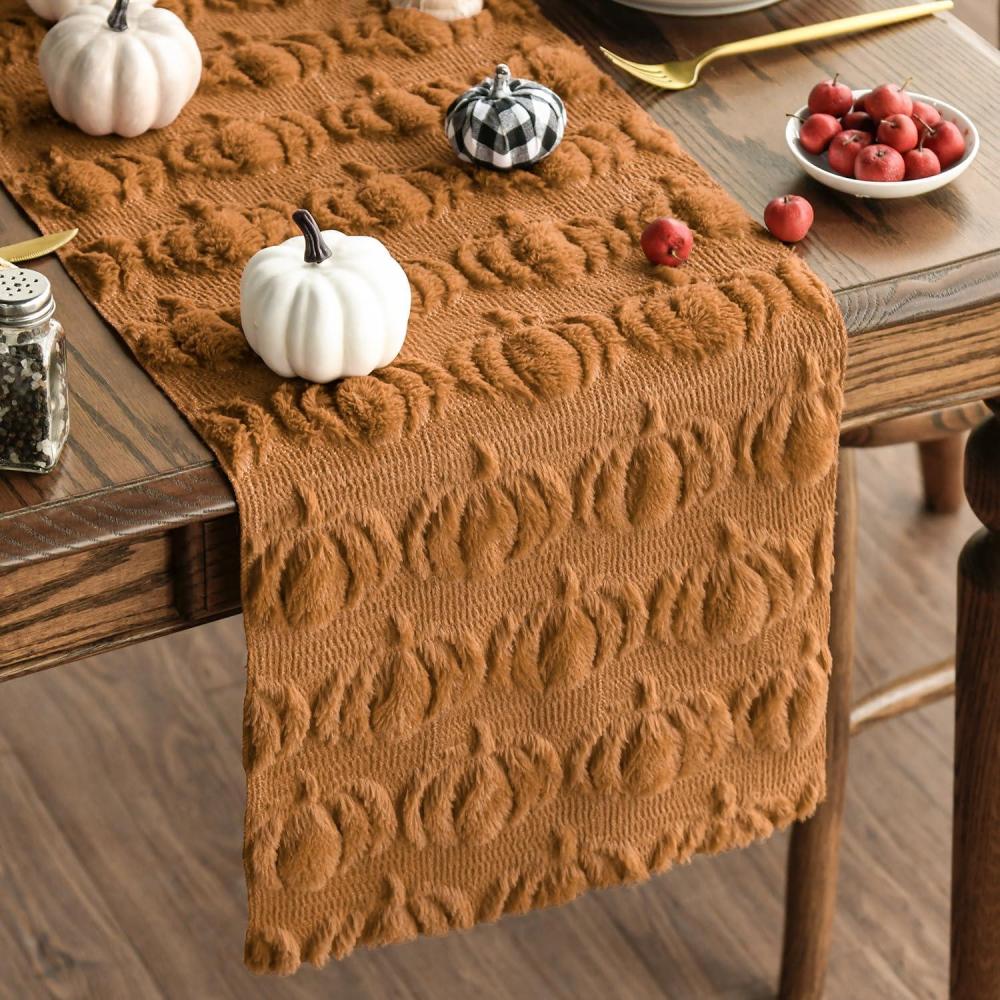 imageArtoid Mode Beige Soft Plush Faux Fur Jacquard Pumpkins Fall Table Runner Seasonal Autumn Kitchen Dining Table Decoration for Home Party Decor 13x72 InchCaramel