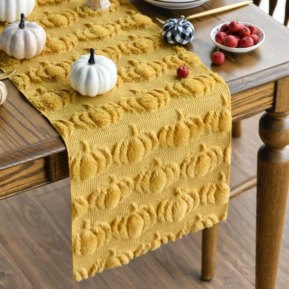 imageArtoid Mode Beige Soft Plush Faux Fur Jacquard Pumpkins Fall Table Runner Seasonal Autumn Kitchen Dining Table Decoration for Home Party Decor 13x72 InchGinger