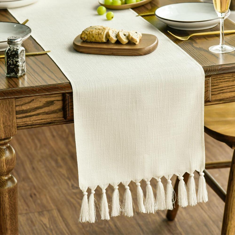 imageArtoid Mode Beige Tassel Table Runner Boho Linen Blend Rustic Farmhouse Style Kitchen Table Decoration Holiday Wedding Party Dinning Decor 13x72 InchBeige