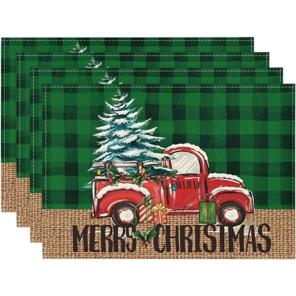 imageArtoid Mode Black Buffalo Plaid Xmas Trees Car Merry Christmas Round Placemats Set of 4 14 Inch Winter Round Table Mats for Dining DecorationGreen
