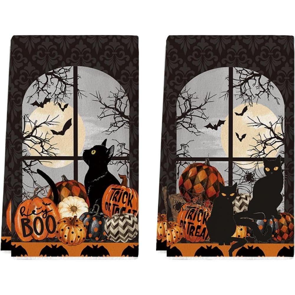 imageArtoid Mode Black Cat Moon Pumpkin Halloween Kitchen Towels Dish Towels 18x26 Inch Bats Trick Or Treat Decoration Hand Towels Set of 2