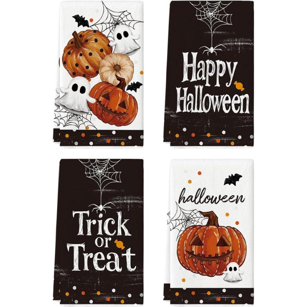 imageArtoid Mode Black Polka Dot Pumpkin Ghost Halloween Kitchen Towels Dish Towels 18x26 Inch Farmhouse Bat Cobweb Decoration Hand Towels Set of 4Black