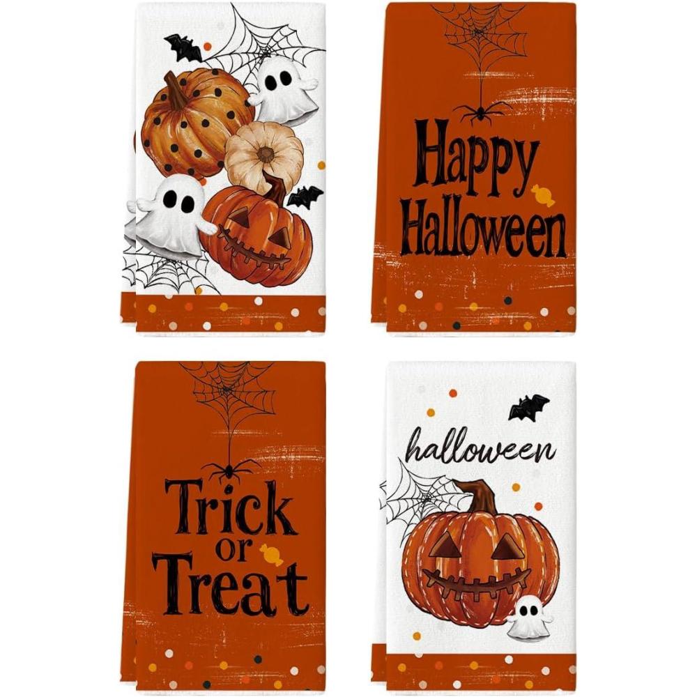 imageArtoid Mode Black Polka Dot Pumpkin Ghost Halloween Kitchen Towels Dish Towels 18x26 Inch Farmhouse Bat Cobweb Decoration Hand Towels Set of 4Orange