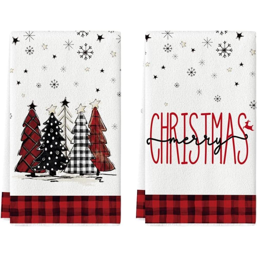 imageArtoid Mode Black Red Merry Christmas Kitchen Towels Dish Towels 18x26 Inch Buffalo Plaid Winter Xmas Trees Star Decoration Hand Towels Set of 2RedBlack