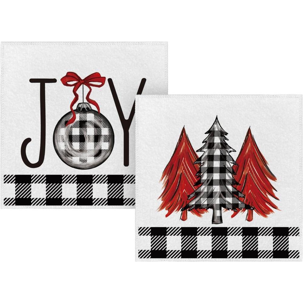 imageArtoid Mode Black White Buffalo Plaid Xmas Trees Joy Christmas Kitchen Towels Dish Towels 18x26 Inch Seasonal Winter Decoration Hand Towels Set of 2BlackBeige