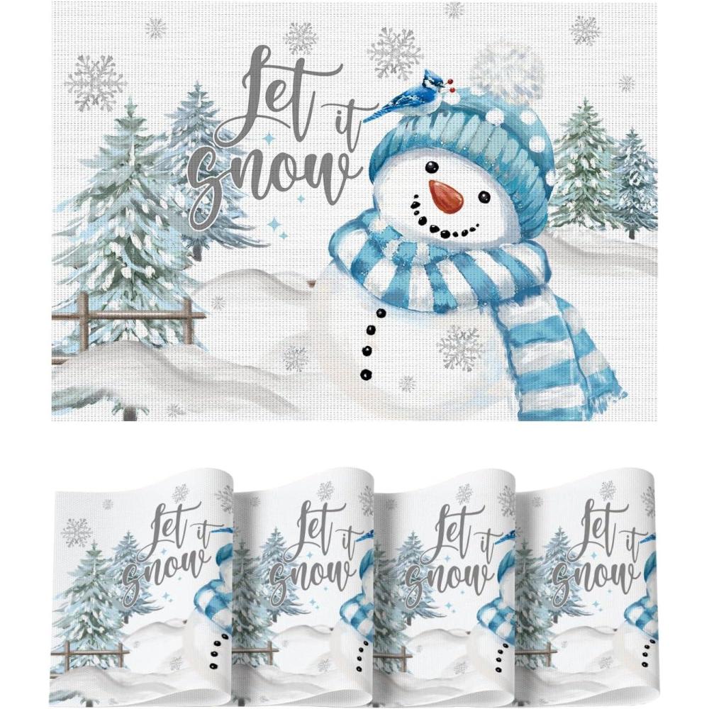 imageArtoid Mode Blue Christmas Vinyl Placemats Set of 4 Let it Snow Washable Heat Resistant Winter PVC Woven Plastic Table Mats for Party Dining Decor 12x18 InchBlue