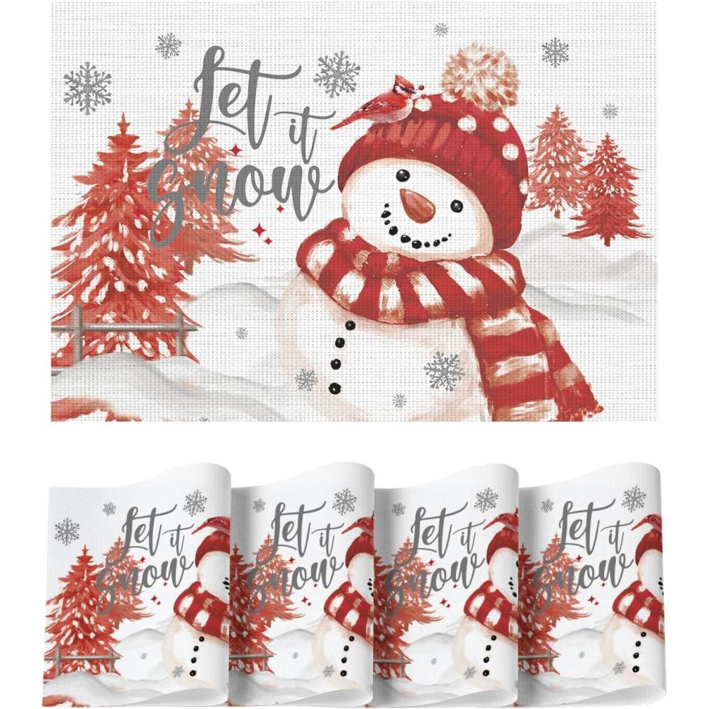 imageArtoid Mode Blue Christmas Vinyl Placemats Set of 4 Let it Snow Washable Heat Resistant Winter PVC Woven Plastic Table Mats for Party Dining Decor 12x18 InchRed