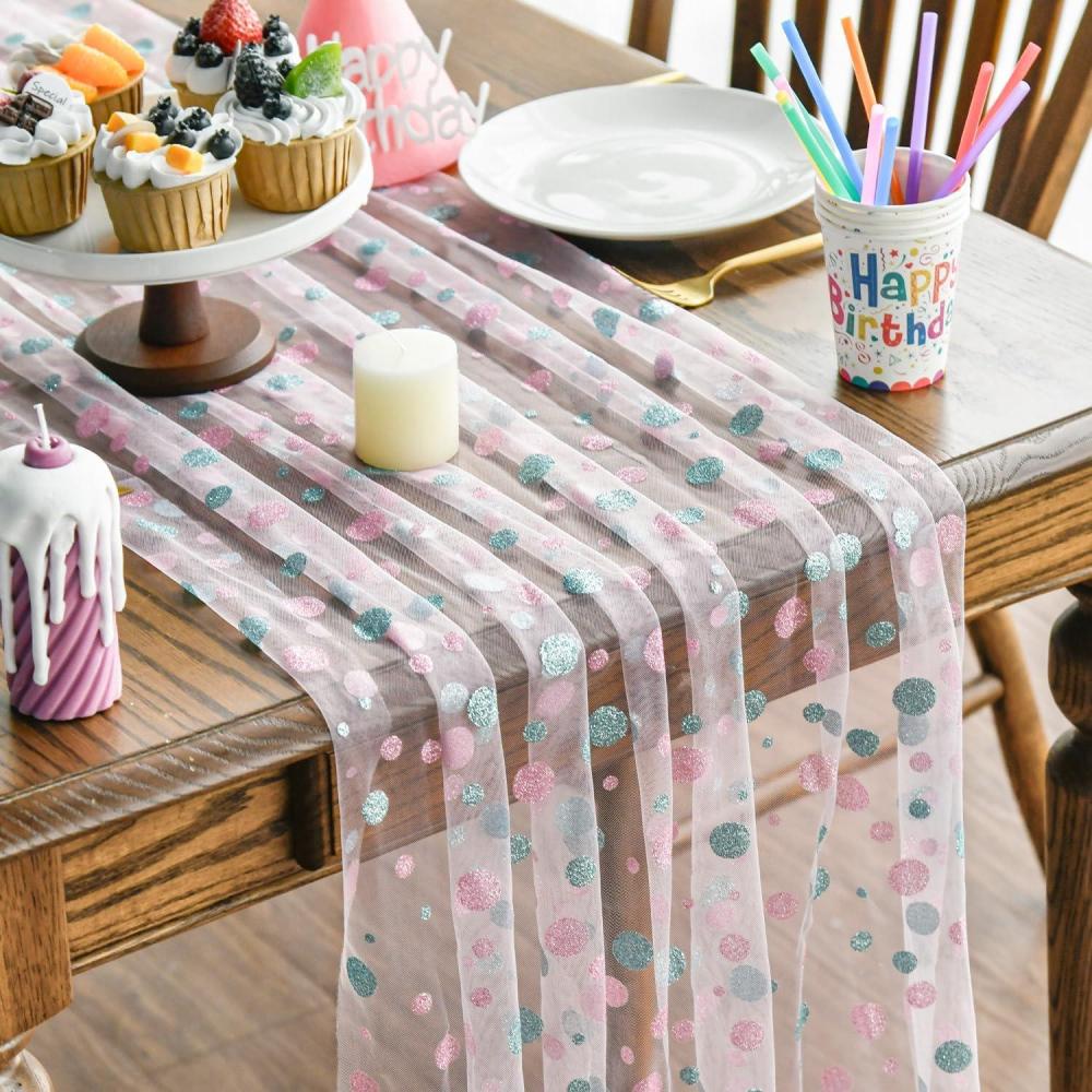 imageArtoid Mode Blue Polka Dots Pink Gauze Table Runner 120 Inch 10FT Seasonal Sheer Dining Holiday Wedding Birthday Baby Shower Table Decor for Home PartyPink