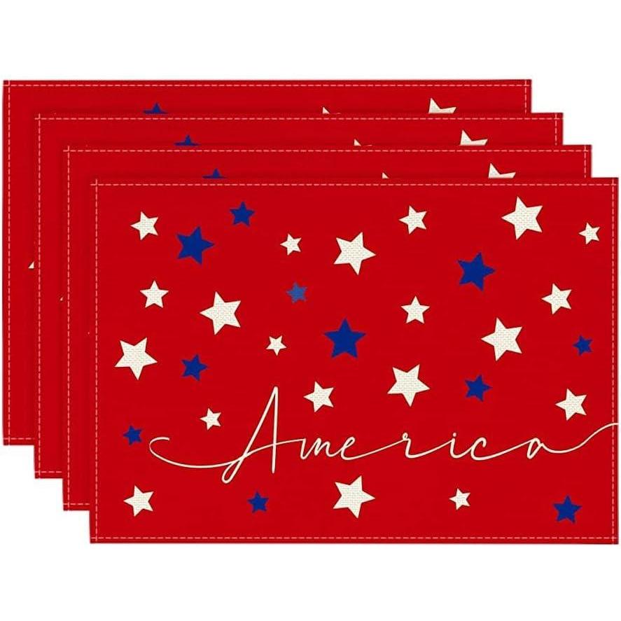 imageArtoid Mode Blue Red White Stars America 4th of July Patriotic Placemats for Dining Table 12 x 18 Inch Summer Memorial Day Seasonal Holiday Rustic Vintage Washable Table Mats Set of 4Red